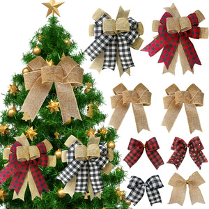 Dekorasi Natal banyak lapis pita besar simpul kupu-kupu pohon Natal Linen pita emas merah aksesori ornamen pita - Product Image 6