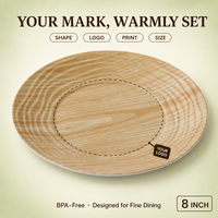 OEM ODM Label Pribadi Piring Makan Melamin 8 Inci Desain Cincin Gaya Oak Hemat Tempat untuk Pernikahan, Pesta, Hotel