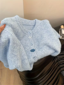 Cardigan en maille effet <span class=keywords><strong>mohair</strong></span> duveteux pour femme, col rond, manches longues, avec breloques étoiles <span class=keywords><strong>de</strong></span> mer, 71 % mélange <span class=keywords><strong>de</strong></span> polyester, pull d'hiver - Product Image 5