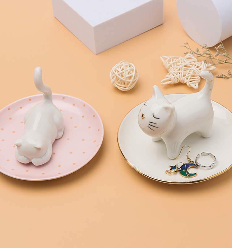 YOBRO Ceramic Waving Lucky Cat Jewelry Tray — Cute Ring Holder & Trinket Dish For Vanity Or Desk - View #9