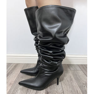 Cuissardes personnalisées à talons hauts et mollets larges en cuir Chaussures à bout pointu froissées Bottes Stiletto au-dessus du genou pour femmes - Product Image 2