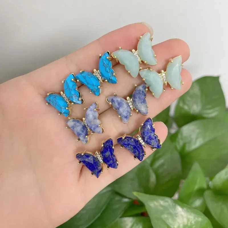 Wholesale Custom Popular Lapis Lazuli Trendy Turquoise Earring Jewelry Rose Quartz Colorful Gemstones Butterfly Stud Earrings
