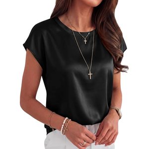 Womens Silk Satin Top Cap Sleeve Crew Neck Anti-Wrinkle Office Casual <b>Blouse</b> Summer Outfit - Product Image 2