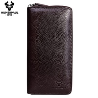 Dompet Pria Vintage Gaya Eropa Amerika Kapasitas Besar Kulit Sapi Tas Ponsel Resleting Pola Lychee Kulit Asli Dompet Panjang