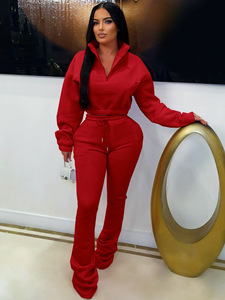 PASUXI <span class=keywords><strong>2026</strong></span> Setelan Olahraga Kasual Wanita 2 Potong, Setelan Musim Dingin Wanita Trendi dengan Jaket Zip dan Celana Flare Berikat Tali - Product Image 2