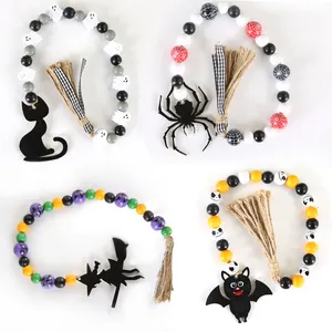 Halloween Holz Perle Schnur Spinne Fledermaus Seil Quaste Perle Anhänger Home Tree Crafts Dekoration Zubehör