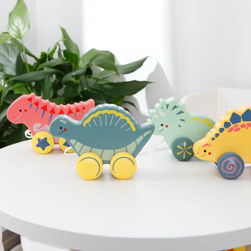 Ahşap karikatür hayvan dinozor boyunca itin ve çekin şekil oyuncak erken eğitici oyuncaklar yaratıcı çocuk ahşap çocuklar için