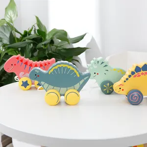 Mainan kayu kartun hewan dinosaurus dorong dan tarik bentuk mainan edukasi dini kayu kreatif anak kayu untuk anak-anak