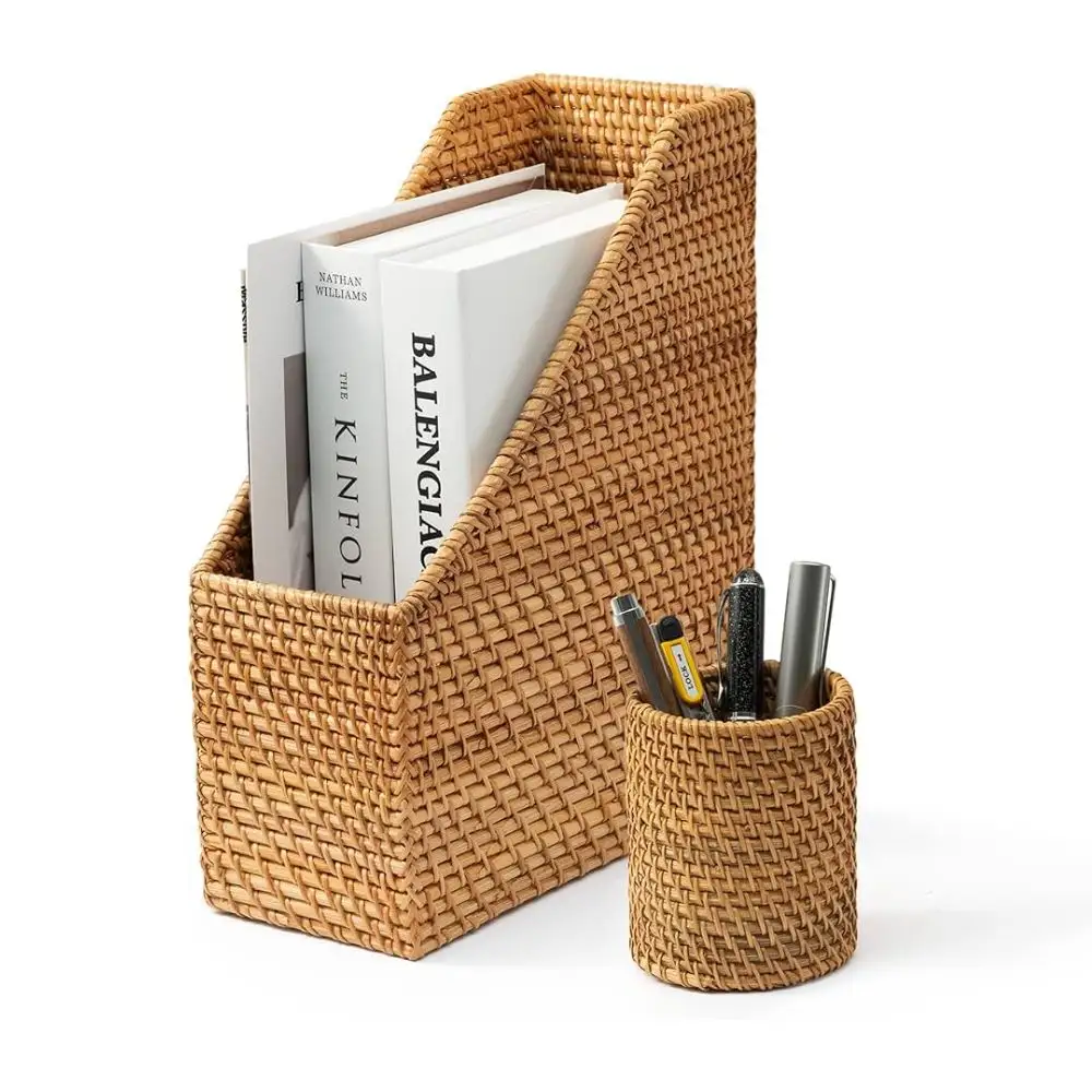 Set fatto a mano di 2 Rattan scrivania Organizer con Prn Cup e porta documenti per ufficio decorazione artigianale