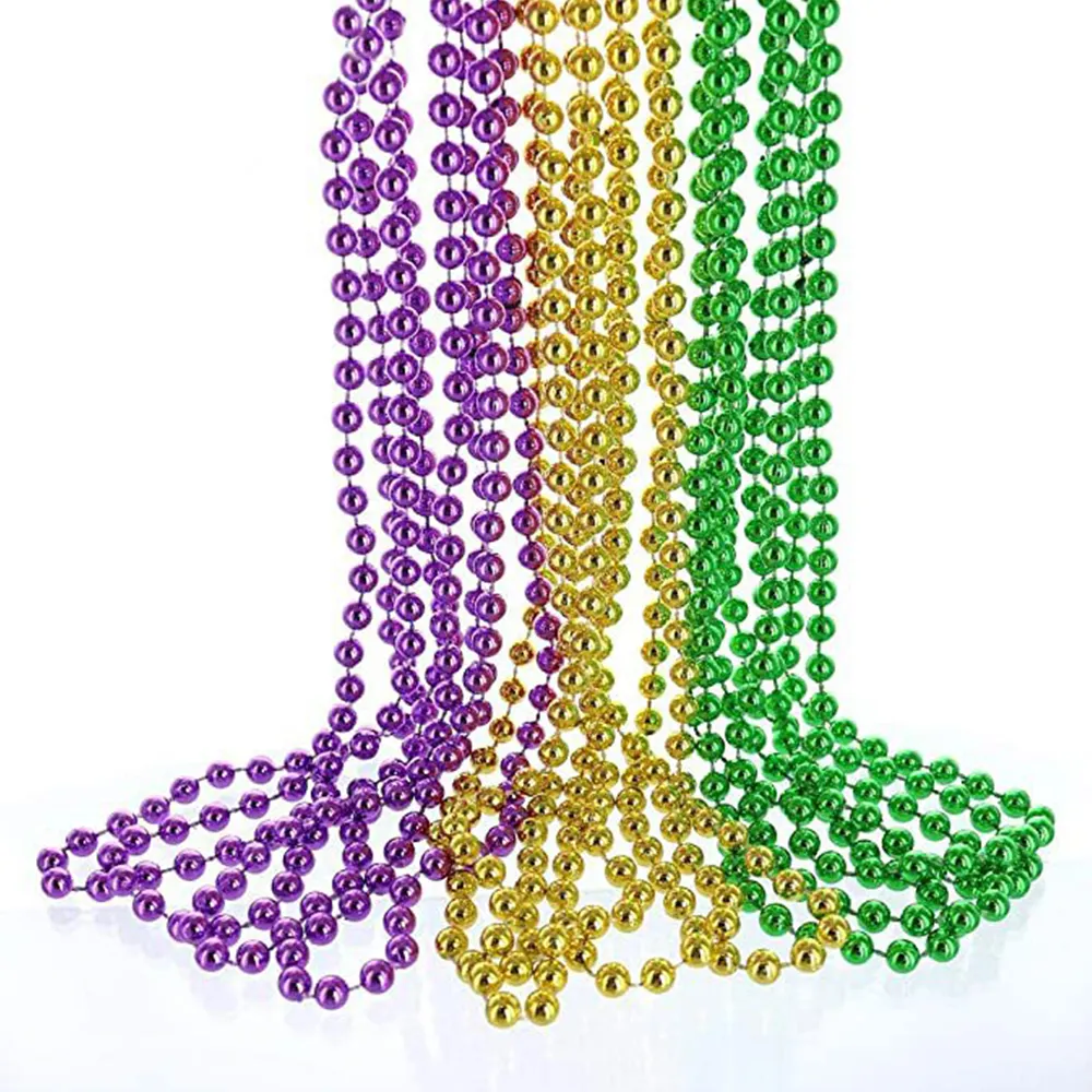 6mm Mardi Gras Bead 33 "collane multicolori Costume da festa colori metallizzati in oro verde viola