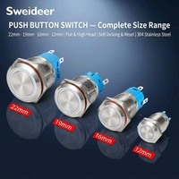 Interrupteur à bouton-poussoir métallique éclairé Sweideer 12mm 16mm 19mm 22mm IP65 en acier inoxydable avec symbole d'alimentation LED et connecteur