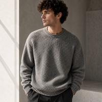 Pull tricoté épais pour homme, coupe ample, col rond, mélange de laine, style décontracté, côtelé
