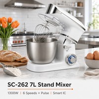 Batteur sur socle électrique 7L 1300W avec contrôle intelligent IC, bol en acier inoxydable, 6 vitesses + fonction Pulse, LED, tête inclinable, pour la maison