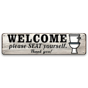 2pcs Vintage Wood Texture Funny Bathroom Long Metal Sign Toilet Graphic Welcome Quote Wall Decor - Product Image 1