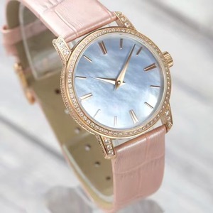 Blue Mother <b>Pearl</b> Dial Ladies <b>Watch</b> Full Iced Stainless Steel Case Sapphire Crystal Genuine Leather Strap - Product Image 1