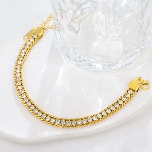 Stainless Steel Pave <b>Cuban</b> <b>Link</b> Bracelet-Trendy Double <b>Chain</b> Design Elegant Versatile Casual Jewelry - Product Image 3