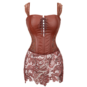 Black <strong>Brown</strong> Red Faux <strong>Leather</strong> Lace up Front Zipper Back Corset Dress Lady Gothic Bustier <strong>Skirt</strong> - Product Image 5
