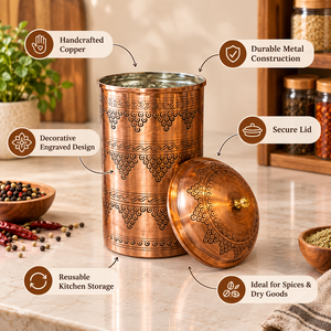 Handcrafted Engraved Copper Storage <b>Canister</b> with Lid, Decorative Kitchen Container for Spices, <b>Tea</b>, <b>Coffee</b> & Dry Goods - Product Image 1