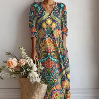 Robe Midi Bohème à Imprimé Floral pour Femme, Col en V, Manches 3/4, Coupe Ample Décontractée en Polyester, avec Poches Latérales, Idéale pour le Quotidien et les Vacances, Vente en Gros