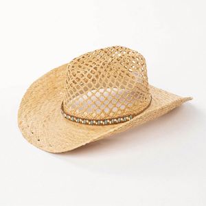Chapeau de soleil d'été en paille de raphia tressé à la main, tendance, ajouré, style western, avec perles décoratives, pour le voyage, vente en gros - Product Image 6