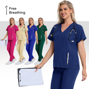 Women's <b>Scrub</b> Uniform Set V-Neck Quick Dry Knitted Fabric For Nurses Hospital ICU Veterinary Beauty Salon Staff - Product Image 1