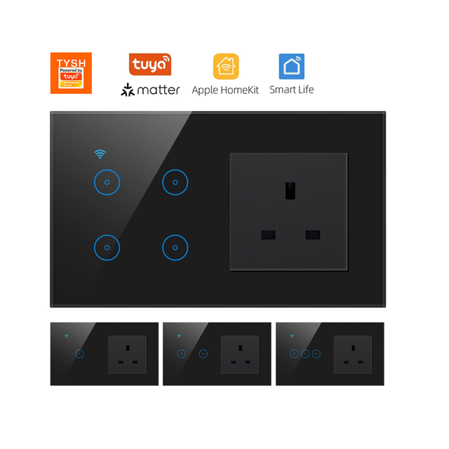 TYSH 147*86mm Ai Tuya Smart Wifi 1 2 3 4 Gang Light Switch Matter Smart Wall Socket Combination Touch Glass Panel Voice Control