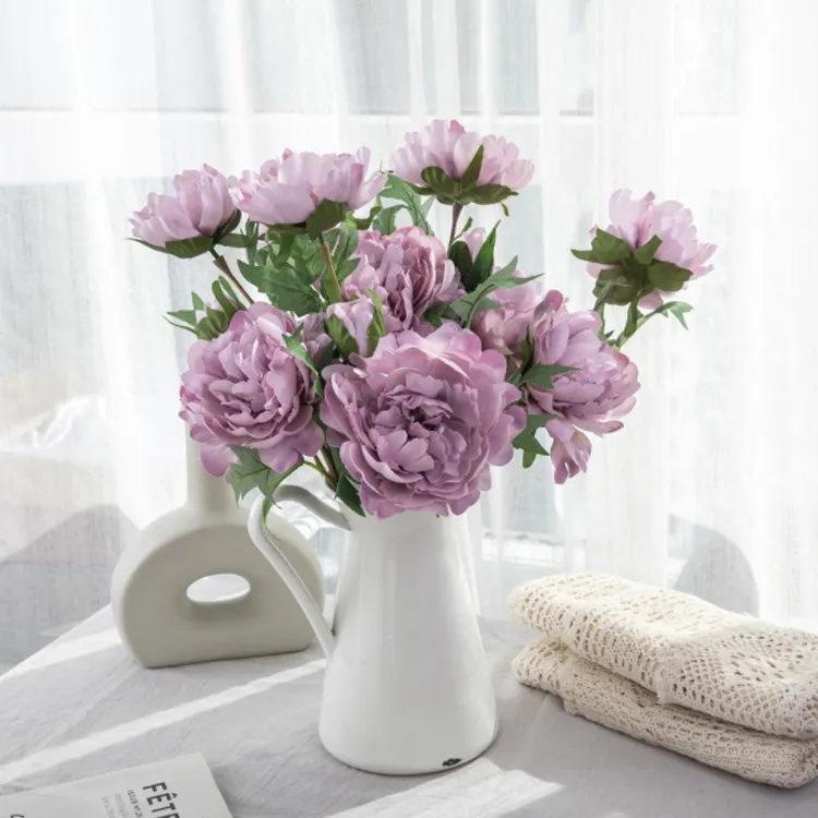 Flores falsas de peonía K77, adornos de flores de seda púrpura, ramo de flores de plástico, Decoración de mesa de boda, centros de mesa