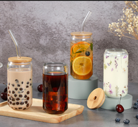 Gobelets en Verre en Forme de Canette avec Couvercles en Bambou et Pailles 16oz 18oz 20oz pour Boissons, Bière, Café Glacé