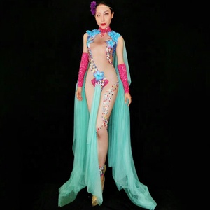Elf Fata Fiore Del <span class=keywords><strong>Costume</strong></span> Moderno Femminile Cantante di Nightclub Tuta Dj Strass a Mano Del Manicotto Del Mantello Del Gogo Vestito Fase Costumi - Product Image 6