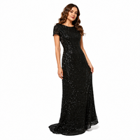 Robe de soirée à sequins noire, col rond, manches courtes, coupe fourreau, longueur ras du sol, pour mère de la mariée, invitée de mariage, fête, banquet