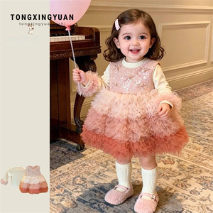 Child Star Circle Girls Princess Dress Vest O-Neck Full Sleeve Birthday Party Wear 2026 Winter Pink Ruffle Dress - Product Image 1