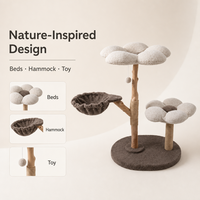 Arbre à chat en bois massif et lin avec plateformes en peluche en forme de fleur et poteau à gratter en corde de jute pour chats