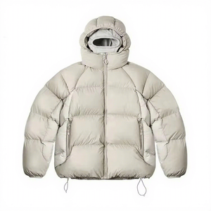 Men's <b>Light</b> Gray Hooded <b>Puffer</b> <b>Jacket</b> Solid Color Zipper Closure Windproof Winter Wear Casual Loose Fit Polyester Shell - Product Image 3