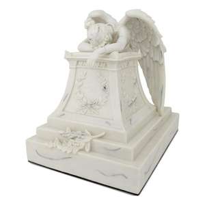 Urna Funeraria in Marmo Bianco con Angelo del Lutto, Scultura Statua per Cremazione e Giardino - Product Image 1