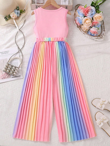 2025 estate abito Casual da ragazza europeo americano gilet corto senza maniche colorato <span class=keywords><strong>plissettato</strong></span> due pezzi Set di abbigliamento per ragazze - Product Image 4