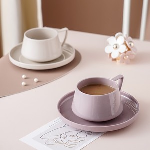 Set Tazza e Piattino in Ceramica Tinta Unita con Manico Rotondo per Tè Pomeridiano <span class=keywords><strong>Beige</strong></span> Rosa Viola - Product Image 1