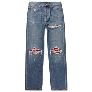 ผู้ผลิตกางเกงยีนส์ OEM ทรงตรง ขาดแต่ง ซ่อมแซมด้วยผ้าหนังกลับ กางเกงยีนส์สีน้ำเงินฟอกทรงหลวม - Product Image 1