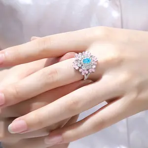 925 Sterling Silver Genuine Lab Aquamarine Diamonds Wedding Ring With Pink & White Zircon