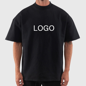 T-shirt décontracté noir surdimensionné pour hommes grandes tailles, en coton épais, col montant, uni, style créateur, vente en gros - Product Image 2