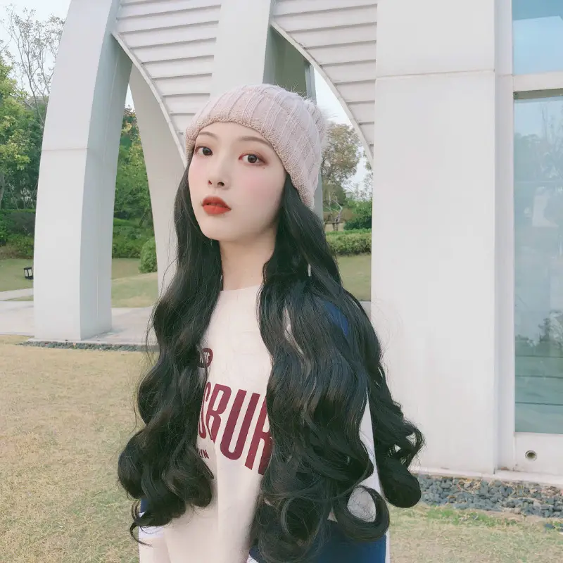 인기있는 베스트셀러 모자 가발 통합 자연 패션 푹신한 긴 곱슬 머리 한국 헤어 스타일 인터넷 유명인 가발