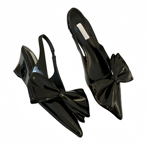 Nouvelles chaussures pour femmes en cuir verni sexy à talon compensé et bout pointu avec nœud, talons hauts 2024 - Product Image 6