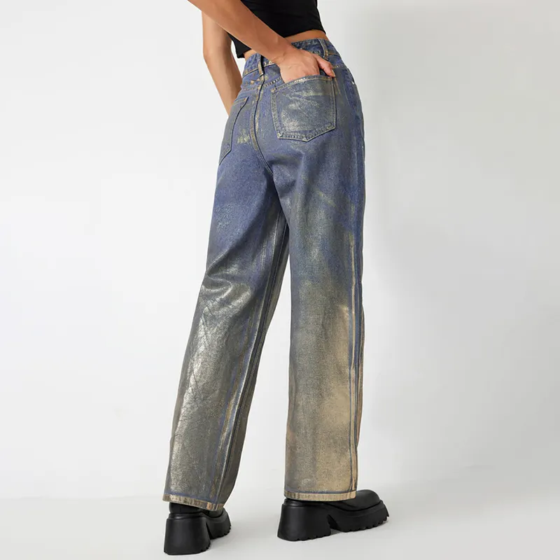 TWOTWINSTYLE grosir Jeans Colorblock disambung kancing pinggang tinggi minimalis celana longgar untuk wanita 2024