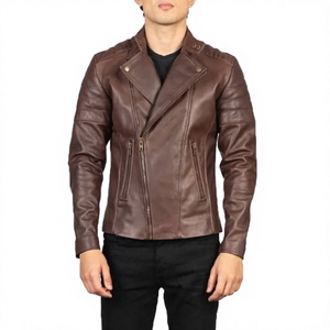 Men's <b>Brown</b> Genuine <b>Leather</b> Windproof Moto <b>Jacket</b> with Zipper Closure Slim Fit Design Front Logo - Product Image 1