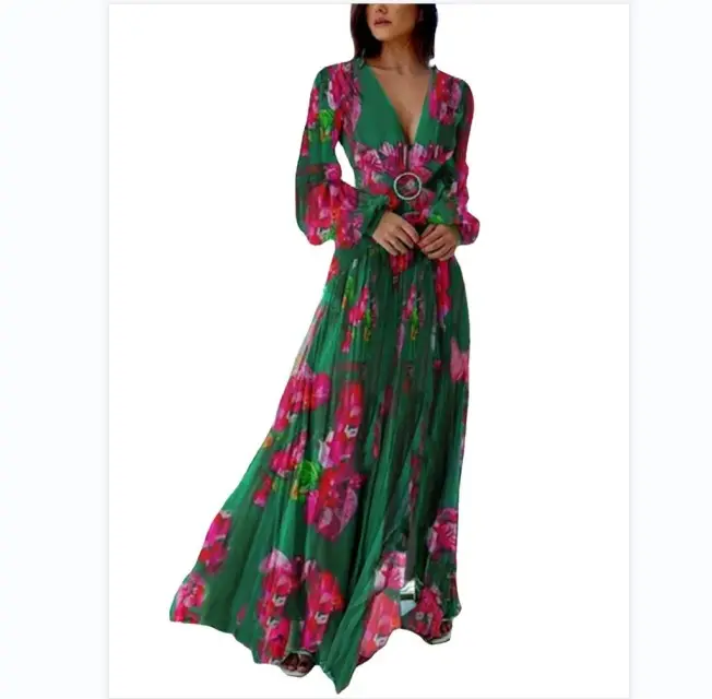 Plus size long-sleeve holiday beach wear sexy V-neck green long casual elegant pleated bohemia floral print party dress