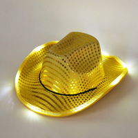 Cappello Fedora da Cowgirl lampeggiante a LED occidentale con luce per adulti cappello da Cowboy con paillettes argento con bordo LED bianco