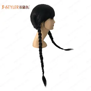 FSTYLER venta al por mayor pelo negro niño Halloween fiesta de noche miércoles Addams Cosplay peluca venta a granel pelucas de cosplay sintéticas