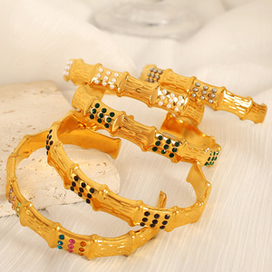 Bamboo Joint <b>Bracelet</b> Gold Tone <b>Crystal</b> Rhinestone Inlay Unisex Fashion Jewelry - Product Image 3