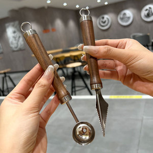 316 Stainless Steel Fruit Scoop <b>Set</b> 4 Pieces Walnut Wood Handle Multi Purpose Kitchen <b>Tool</b> For Watermelon And Vegetables - Product Image 2