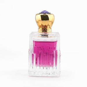 Botella de perfume de vidrio transparente cuadrada de lujo 30ml y 50ml y 100ml con tapa en forma de corona dorada y acento púrpura - Product Image 1