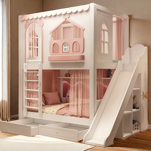 Lit superposé multifonctionnel pour enfants en bois, design château, mobilier <span class=keywords><strong>de</strong></span> chambre d'enfant avec escalier et toboggan - Product Image 3